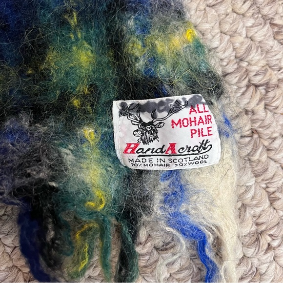 Vintage HandAcraft Scotland Mohair Wool Plaid Scarf Blue Green Tartan Luxury - Picture 7 of 9